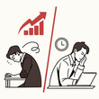 © Aoun - Comparison of two businessmen at work: one exhausted with low energy falling asleep at his desk and another productive professional with high energy and creative ideas working on a laptop. See Less