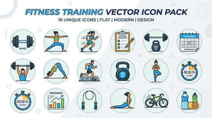  Fitness Training Vector Icon Pack with 18 Unique Flat Modern Designs.
