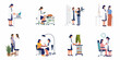 © Sugik - Set of flat vector illustrations depicting a female doctor performing various medical examinations, orthopedic checks, and physical therapy assessments on different patients.