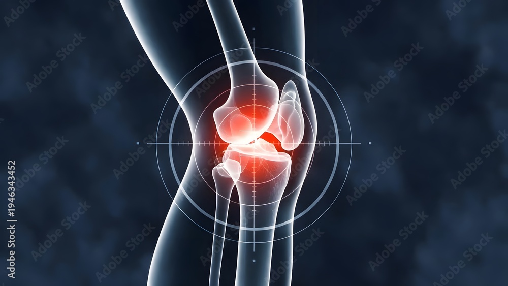Human knee joint anatomy with red inflammation and targeted pain signal ...