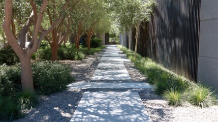  Serene Pathway Surrounded by Trees and Greenery in Modern Landscape Design with Sunlit Atmosphere