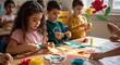 © lananh - Happy diverse preschoolers actively cutting colorful paper creating vibrant flowers during an engaging classroom art activity bathed in soft light. AI Generated
