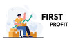 © Jose - Man with boxes and growth chart, First Profit concept