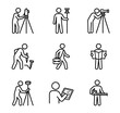 © Juliansyah - Minimalist line icon set vector of land surveyor character poses. Topography worker measuring, reading map, and using engineering equipment isolated on white.