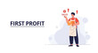 © Ayem - Man Holding Box, Sales Growth Arrows, First Profit Concept