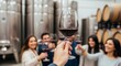 © akridiy - POV Person holding red wine glass toasting at winery cellar tour