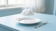 © Illustratorstock - A surreal scene of a tiny fluffy cloud raining droplets onto an empty white plate. A silver fork rests on the pastel blue table in a bright, airy room.