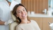 © Natalia S. - Woman smiles during dental procedure while dentist provides care. Healthcare scene shows oral hygiene and medical service. Concept for clinic, treatment and patient trust