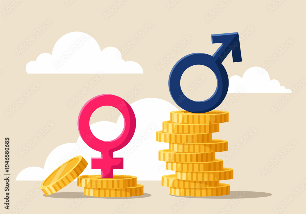 Vector illustration of gender pay gap with stacked coins and symbols ...