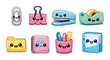 © Soliannikov Yevhenii - Kawaii stationery icons arranged in rows on dark background