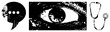 © Rysak - Distressed speech bubble with dots, gritty eye graphic, medical stethoscope vector with textured aesthetic, communication, observation, healthcare symbols.