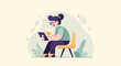 © huja - Animated woman with glasses sips drink while using tablet on chair