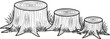 © The - Three cartoon tree stumps of varying sizes with grass