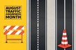 © UMAIR - This compelling graphic design effectively raises crucial awareness for August traffic safety month, featuring essential road construction elements such as a vibrant striped barrier and a highly visib