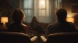 © TensorSpark - Couple seated opposite therapist in dim therapy room, emotional communication and relationship healing session.