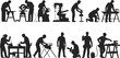 © Nur - Construction workers silhouettes carpenters builders using tools workshop industry labor isolated black figures professional work flat vector illustration set