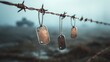 © Aisha - soldier dog tags without name hanging from rusty barbed wire, foggy battlefield morning, dramatic war symbolism