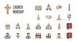 © Galih - Modern vector line icons set depicting church worship, religious practices, prayer, and spirituality. Essential graphic elements for faith-based content and services