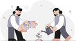 © miee - Two people collaborate, one assembling puzzle pieces, the other watering a plant