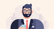 © Taro - Stylized man with beard, glasses, and suit holding a smartphone