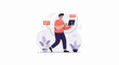 © Jujitsu - Person walking with a laptop and chat bubbles, surrounded by plants