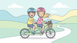 © Asbut - Two kids riding a tandem bike outdoors with helmets and a teddy bear in the basket