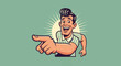 © hei - Retro cartoon man with pompadour hairstyle points forward, smiling broadly with a cheerful expression