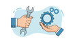 © 爱心 - Technical support and service vector illustration with hands holding wrench and gears for repair, maintenance, and optimization