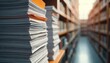 © Viktor - Stacks of paper documents in library shelves with blurred background. Research archives filled with books and folders. Information storage and knowledge base.