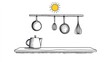 © rudi - Drawn kitchen scene with hanging utensils and teapot in minimalist style