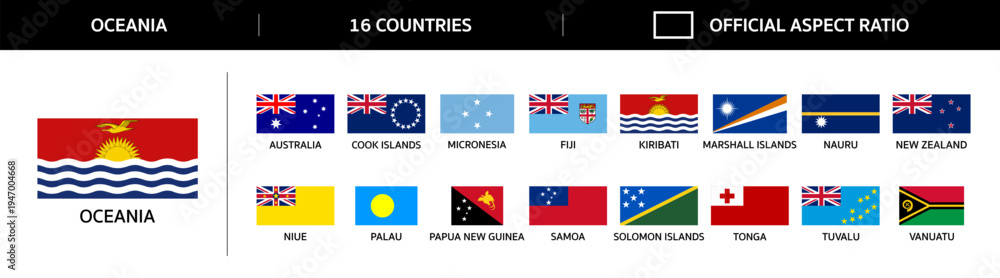 Flags of countries of Oceania continent. Set of all national flags of ...