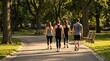© Sheplob - A group of four friends walking together on a paved path in a lush green park during the daytime