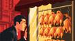 © Karyono - A man in a suit peers into a shop window at rows of roasted birds