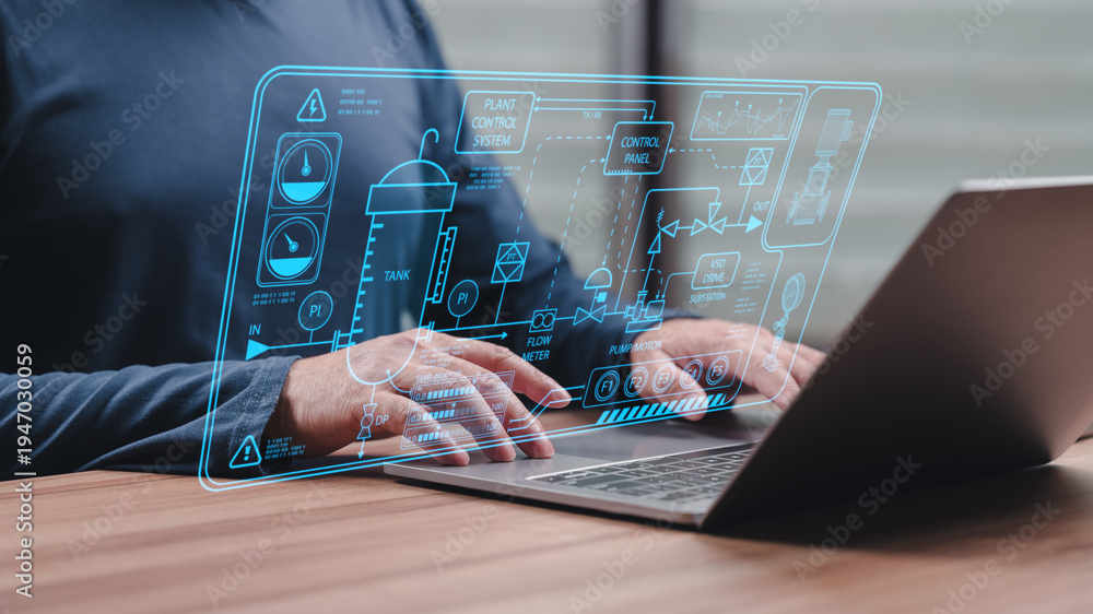 Engineer hands operating laptop keyboard display glowing blue ...