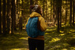 © Francis - Rear view of a female hiker with a blue backpack and beanie standing in a sun-drenched, mossy evergreen forest, enjoying the serene autumn nature during a peaceful outdoor trekking adventure.