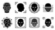 © Insa Batool - Acht Schwarz-Weiß-Icons, die verschiedene Aspekte der Gesichtserkennungstechnologie, biometrische Scans und digitale Identifikation darstellen.