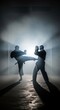 © Kitta Studio - Silhouettes of Two Martial Artists Engaged in Dynamic Combat Training