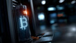 © Laura - Bitcoin symbol displayed as a drained empty battery on a digital screen, defocused background, crypto energy loss concept, digital asset depletion visualization, with copy space