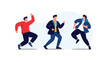 © Prime Visionn - Three happy young men dancing together in a celebration of joy and success against a clean white background with abstract shapes.
