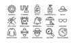 © Cali6ro - Sun protection essentials icons: uv warning, spf50+, sun hat, sunglasses, skin care