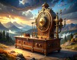 © Makin - Ornate steampunk machine on a table with mountain backdrop, dramatic sky, intricate details, golden hues