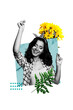 © deagreez - Vertical sketch 3d collage poster of happy hipster girl dance march holiday spring event celebration chrysanthemum bouquet