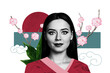 © deagreez - Creative trend artwork design 3D collage sketch of young woman portrait smile branch flower bloom chinese oriental traditional element