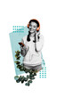 © deagreez - Vertical sketch 3d collage poster of happy girl hold phone listen music headphones meloman spring holiday celebration branch leaves