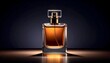 © Bagas - Elegant square perfume bottle with golden liquid interior, centered on a shiny surface with a dark background