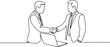 © MstMoushumi - Businessmen handshaking with notebook in continuous one line drawing. Simple line art illustration of online business agreement concept. One line draw graphic design vector