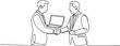 © MstMoushumi - Businessmen handshaking with notebook in continuous one line drawing. Simple line art illustration of online business agreement concept. One line draw graphic design vector