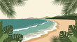 © Wahad - Tropical Beach Landscape Vector Illustration with Palm Leaves and Monstera Framing a Sandy Shoreline and Blue Ocean Waves, Ideal for Summer Travel and Vacation Backgrounds