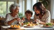 © Orislava - A joyful moment shared between a grandmother, mother, and son during a delicious family dinner at home.