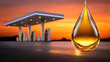 © Tiravad - Golden fuel drop in front of sunset gas station conveying energy, refueling concept and warm reflective light